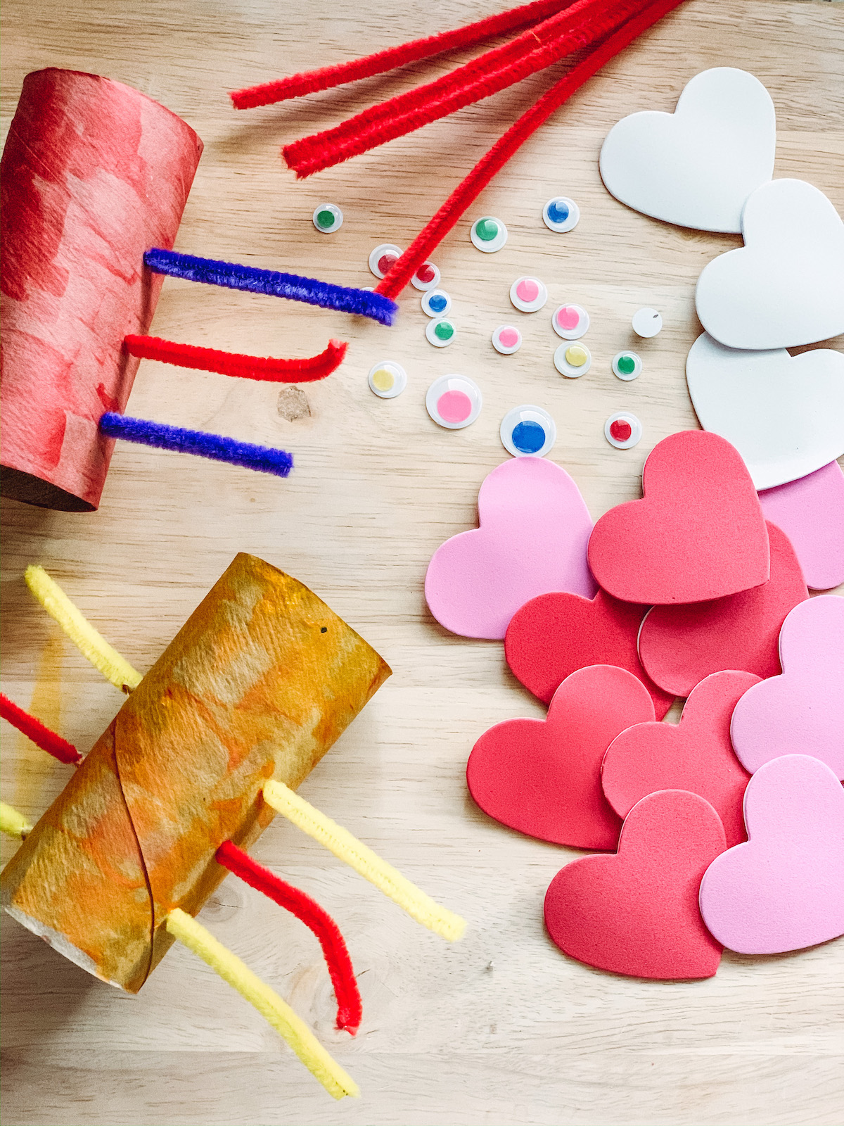 Valentine Lovebugs- construction paper hearts, googly eyes, craft